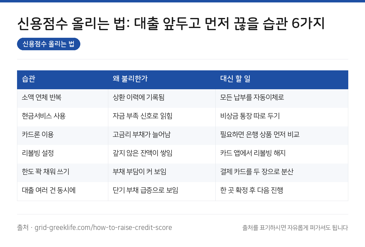 신용점수 올리는 법 요약 인포그래픽
